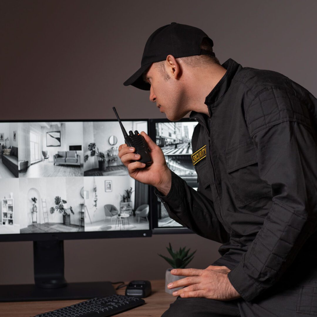 Security personnel monitoring surveillance footage and communicating via radio.