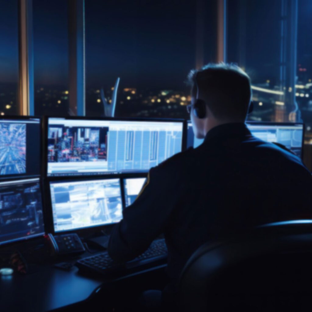 Person monitoring multiple screens in a dark control room at night.