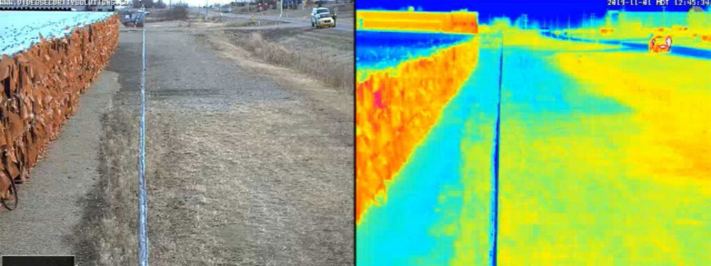 Split-screen view showing a standard camera image of a path next to stacked logs on the left, and a thermal imaging camera view of the same scene on the right, highlighting temperature differences.