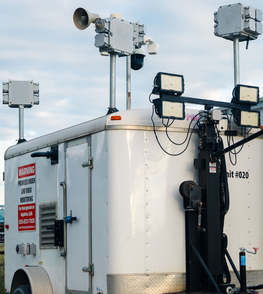Mobile surveillance trailers with 360° thermal cameras and audio deterrents securing Alberta industrial sites.
