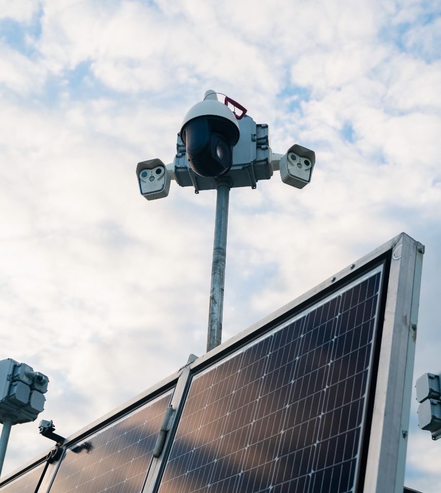 AI-powered motion detection cameras with solar panels for 24/7 monitoring and reduced false alarms.