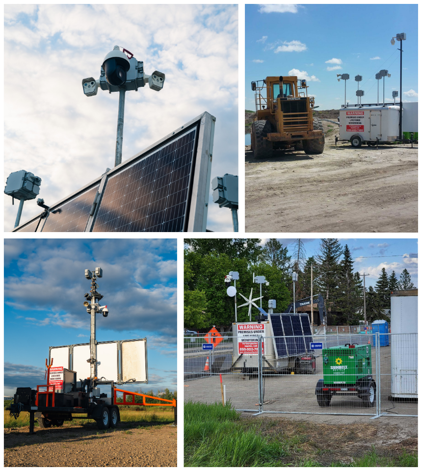 Mobile surveillance trailers with solar panels and deterrents protecting Alberta construction sites from theft.